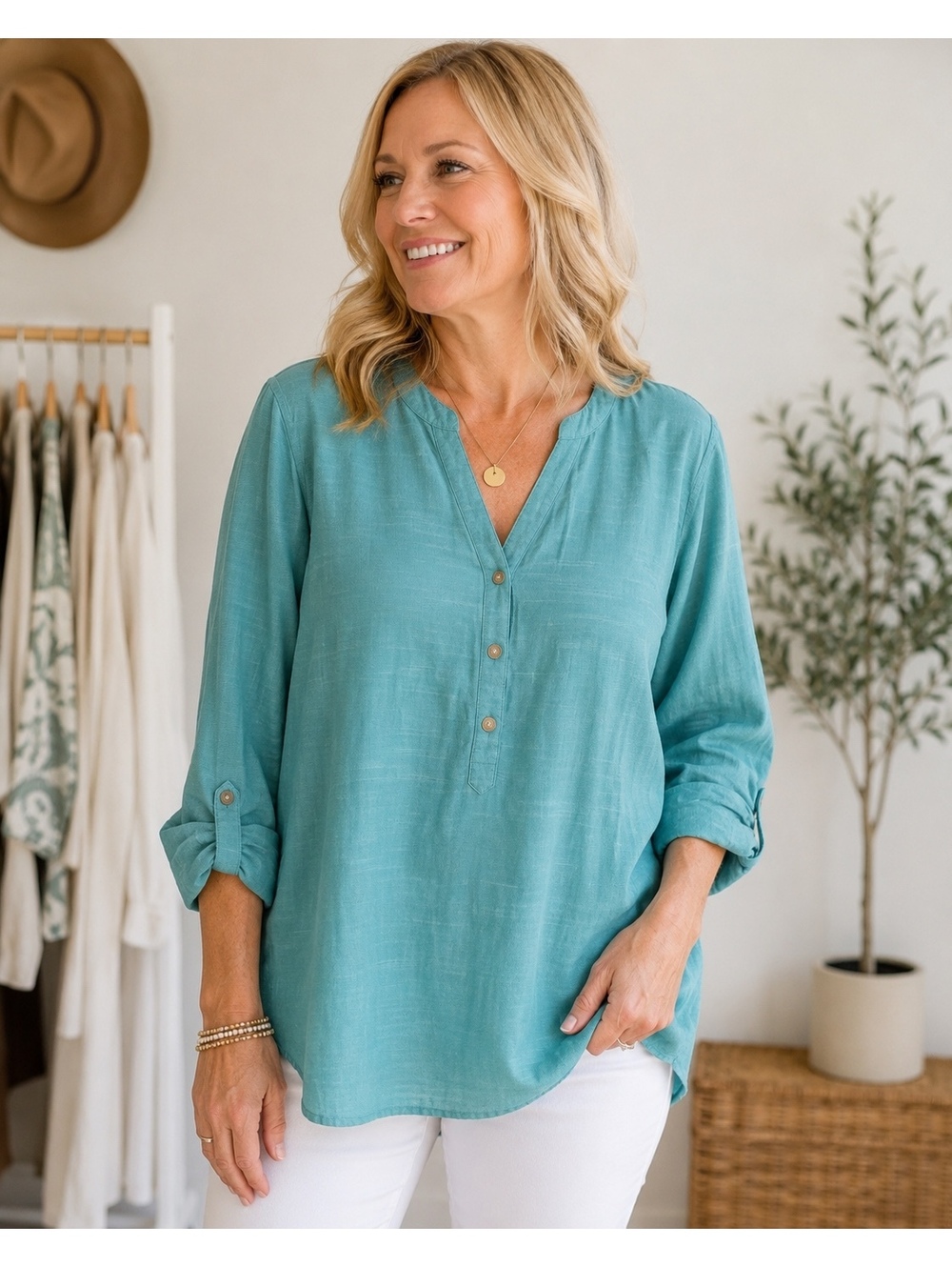 Riders by Lee Women's XL Aqua Teal Roll-Tab Sleeve Henley Blouse